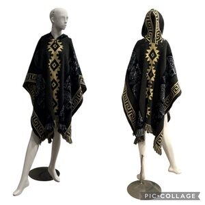 Unisex Andean Aztec Alpaca Blend Hooded Charcoal Multi Fringed Poncho Size OS